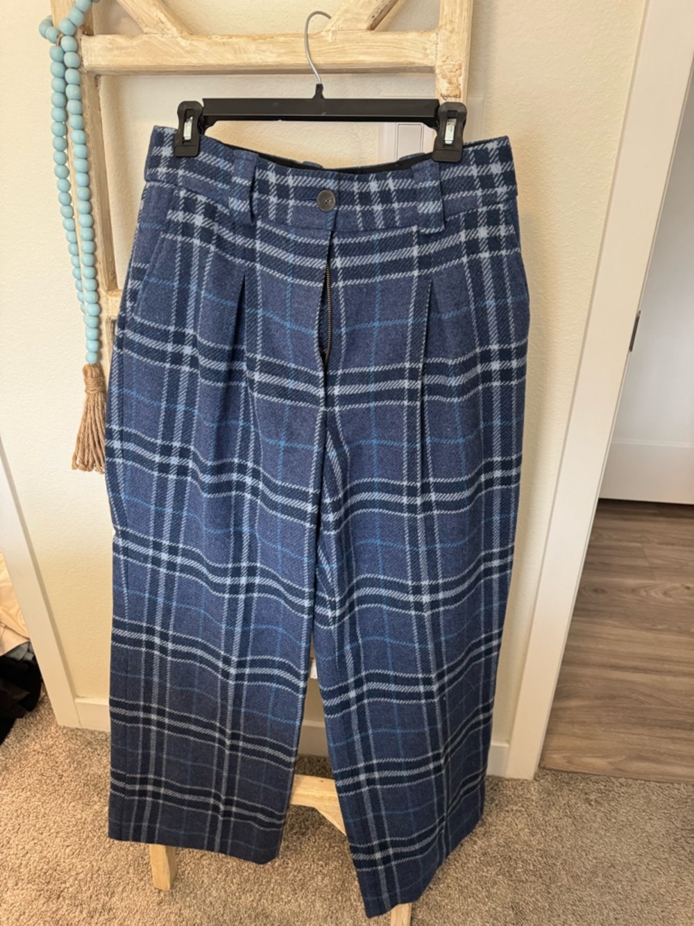 Sezane Pantalon Theophile Women's Blue Plaid Pants- petite